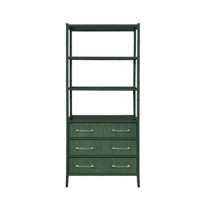 THREE DRAWER ETAGERE WITH BAMBOO DETAIL IN GREEN DYED GRASSCLOTH AND DARK GREEN MATTE LACQUER