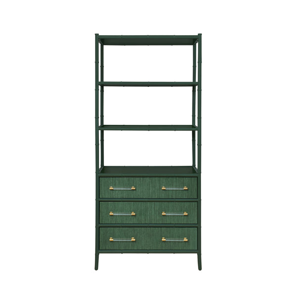 THREE DRAWER ETAGERE WITH BAMBOO DETAIL IN GREEN DYED GRASSCLOTH AND DARK GREEN MATTE LACQUER