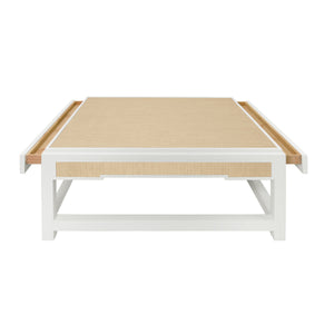 TWO HIDDEN DRAWER COFFEE TABLE WITH MATTE WHITE LACQUER FRAME AND INSET NATURAL GRASSCLOTH