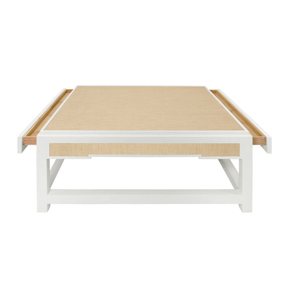 TWO HIDDEN DRAWER COFFEE TABLE WITH MATTE WHITE LACQUER FRAME AND INSET NATURAL GRASSCLOTH