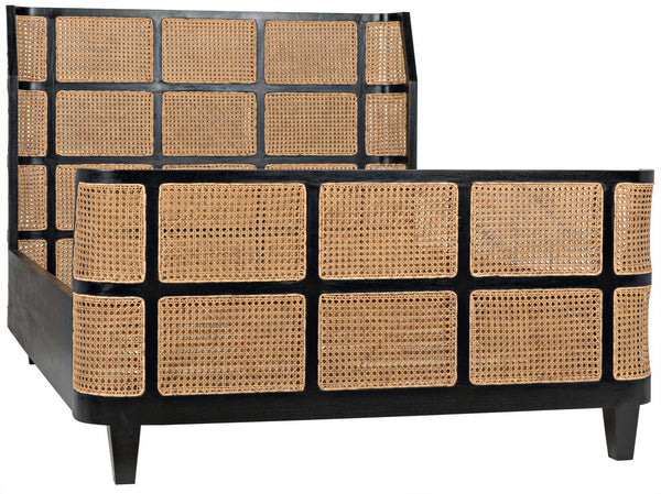 Porto Queen Bed in Hand-Rubbed Black Mahogany with Caning Detail