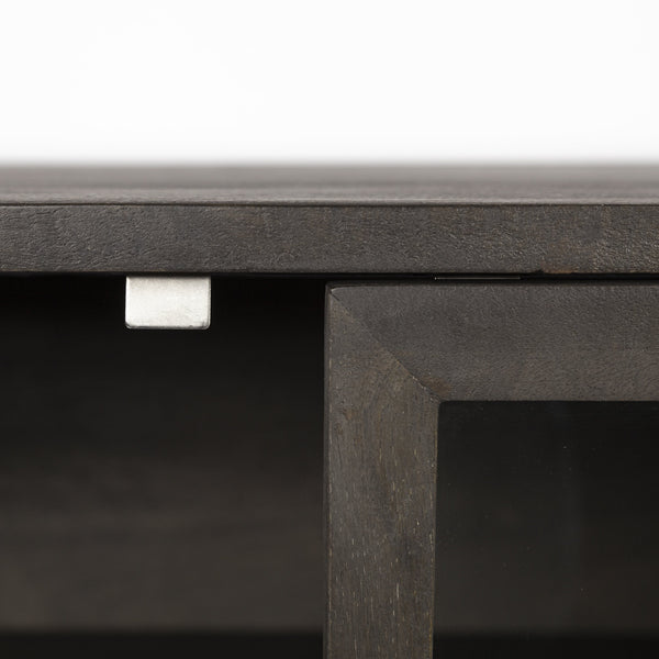 Arelius 70x18 Black-Brown Wood, Black Metal Base w/ 4 Glass Cabinet Doors Sideboard