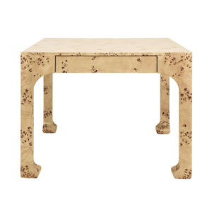 SQUARE TWO DRAWER PAGODA STYLE GAME TABLE IN BURL WOOD