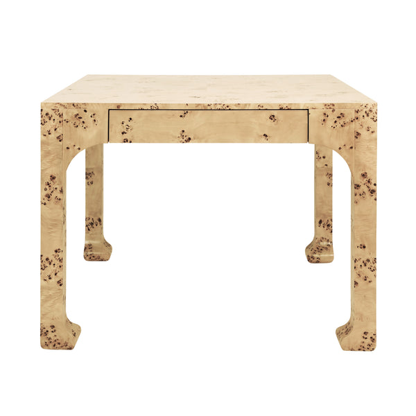 SQUARE TWO DRAWER PAGODA STYLE GAME TABLE IN BURL WOOD