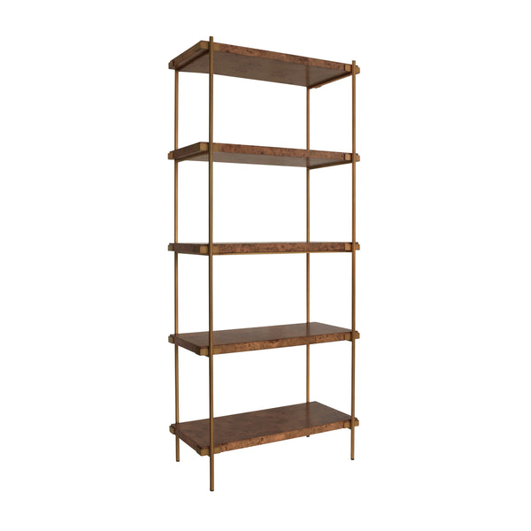 ANTIQUE BRASS ETAGERE WITH SHELVES IN DARK BURL WOOD