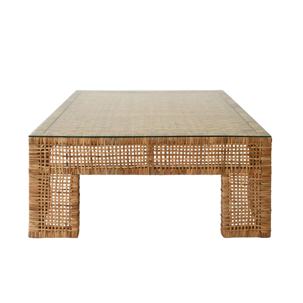WIDE LEG RATTAN COFFEE TABLE WITH GLASS TOP