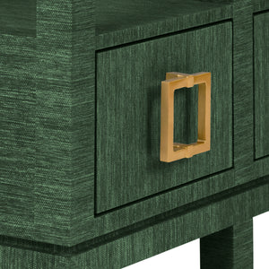 OPEN SHELF CONSOLE WITH THREE BOTTOM DRAWERS AND SQUARE SATIN BRASS HARDWARE IN DYED GREEN GRASSCLOTH