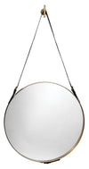 Round Steel Round Wall Mirror, Antique Brass and Black Leather Strap