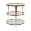 THREE TIER GLASS TOP ROUND END TABLE IN ANTIQUE BRASS