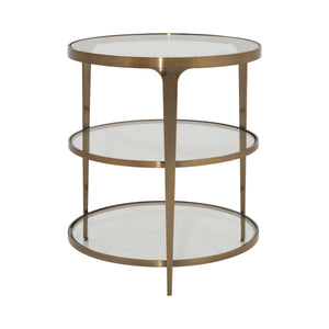 THREE TIER GLASS TOP ROUND END TABLE IN ANTIQUE BRASS