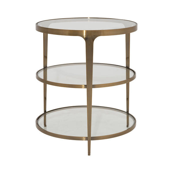 THREE TIER GLASS TOP ROUND END TABLE IN ANTIQUE BRASS