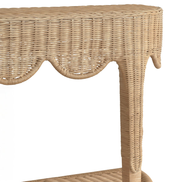SCALLOPED TOP DEMI LUNE CONSOLE IN WOVEN RATTAN WITH OPEN SHELF