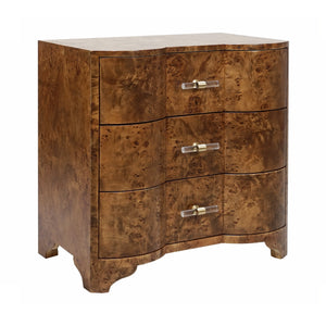 THREE DRAWER SIDE TABLE IN DARK BURL WOOD WITH ACRYLIC HARDWARE