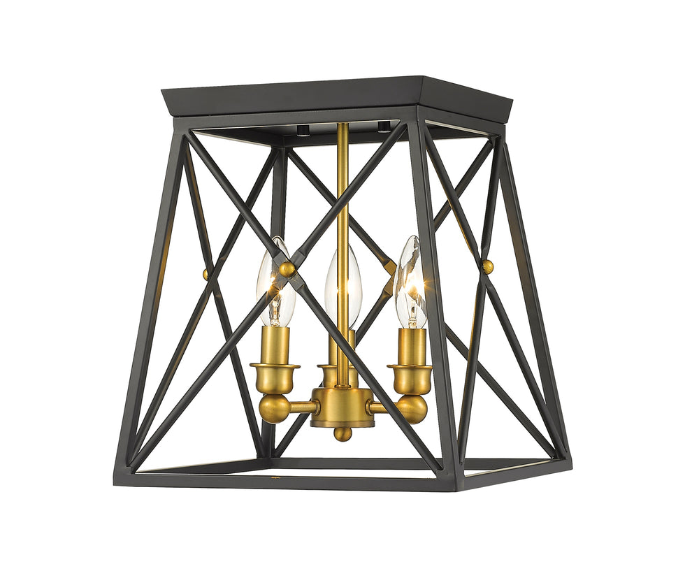 Trestle 3 Light Flush Mount in Matte Black + Olde Brass Finish