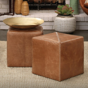 Buff Leather Ottoman, Small