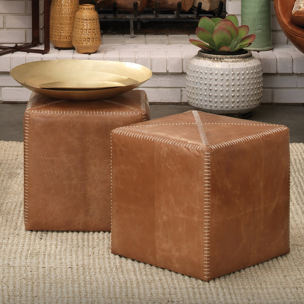 Buff Leather Ottoman, Small