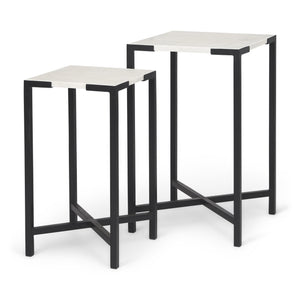Lucas III (Set of 2) 15L x 15W; 12L x 12W White Marble W/Black Iron Frame Accent Tables