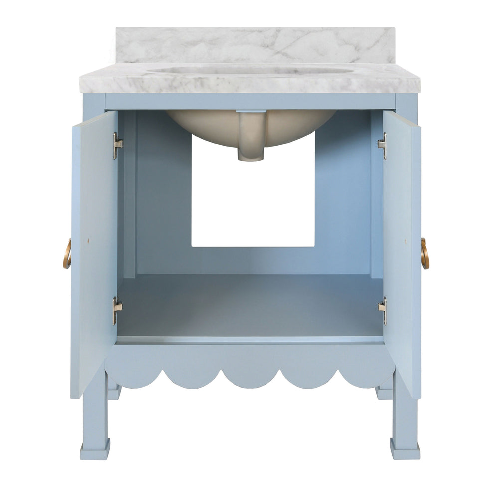 BATH VANITY WITH SCALLOP DETAIL IN MATTE LIGHT BLUE WITH WHITE MARBLE TOP AND PORCELAIN SINK