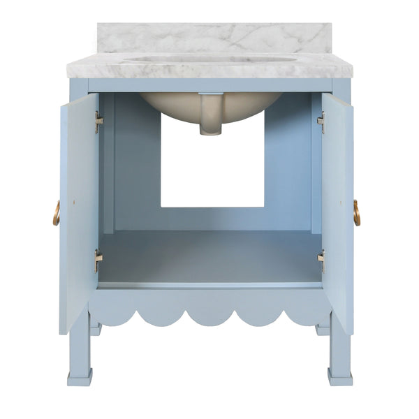 BATH VANITY WITH SCALLOP DETAIL IN MATTE LIGHT BLUE WITH WHITE MARBLE TOP AND PORCELAIN SINK