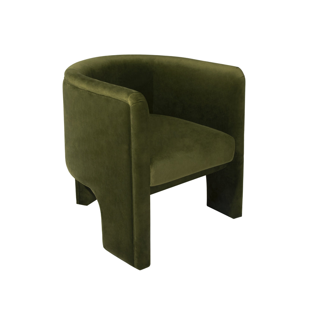 THREE LEG FULLY UPHOLSTERED BARREL CHAIR IN OLIVE VELVET