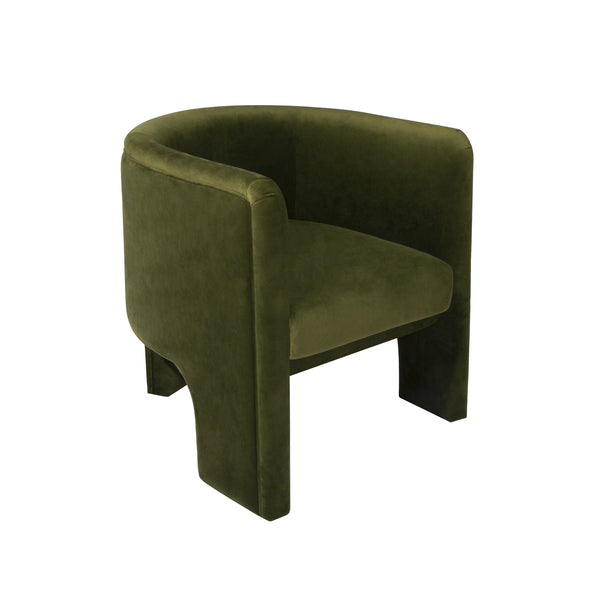 THREE LEG FULLY UPHOLSTERED BARREL CHAIR IN OLIVE VELVET