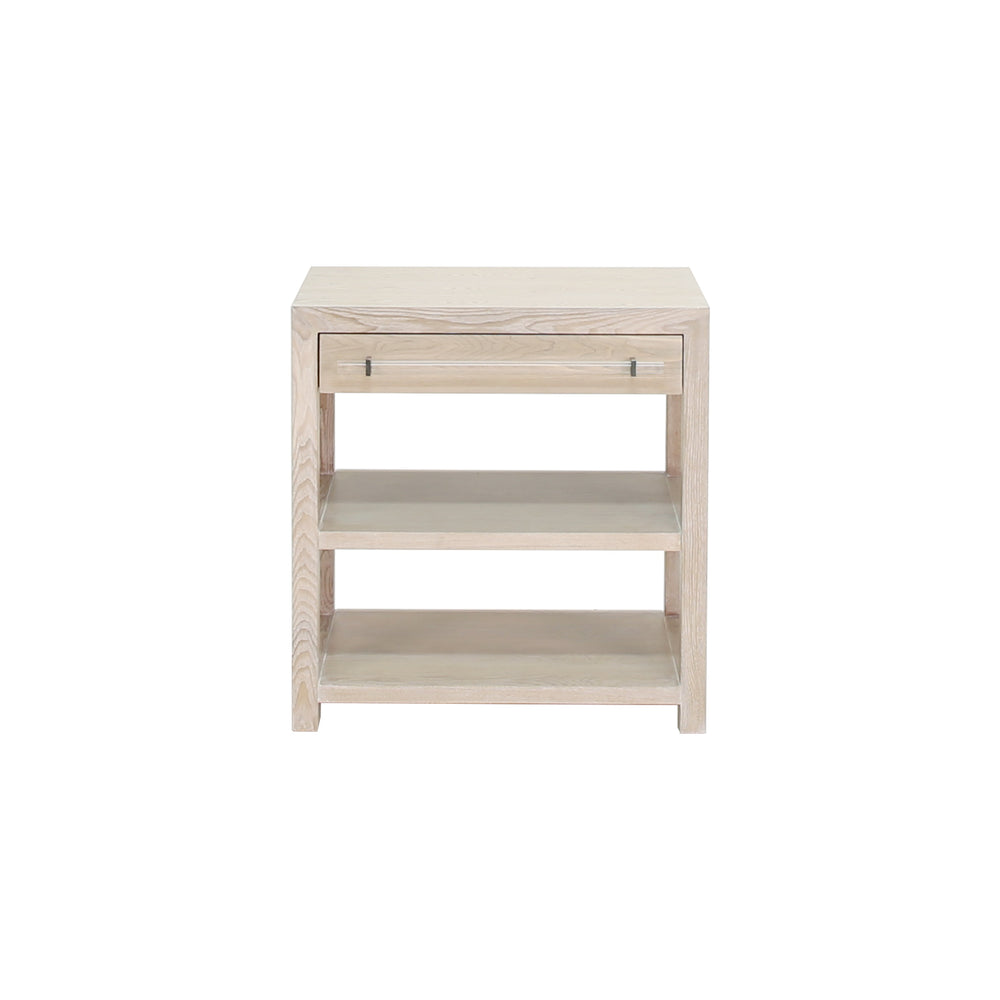 SIDE TABLE IN CERUSED OAK/INCLUDES BRASS & NICKEL HRDWR OPTIONS W ACRYLIC ROD