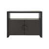 TWO DOOR CONSOLE WITH OPEN SHELF IN BLACK PAINTED GRASSCLOTH WITH BLACK OAK HANDLES