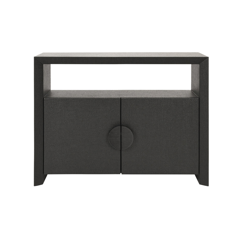 TWO DOOR CONSOLE WITH OPEN SHELF IN BLACK PAINTED GRASSCLOTH WITH BLACK OAK HANDLES