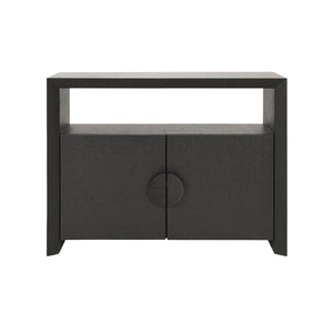 TWO DOOR CONSOLE WITH OPEN SHELF IN BLACK PAINTED GRASSCLOTH WITH BLACK OAK HANDLES
