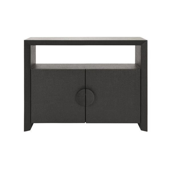 TWO DOOR CONSOLE WITH OPEN SHELF IN BLACK PAINTED GRASSCLOTH WITH BLACK OAK HANDLES