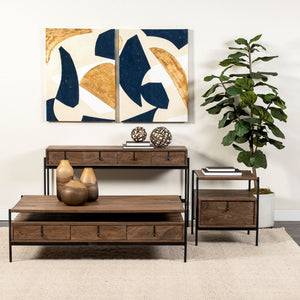 Glenn III 56L x 14W Dark Brown Wood w/ Black Iron Frame, 4 Drawer Console Table
