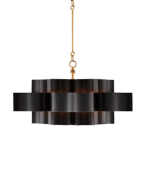 Grand Lotus Black Large Chandelier In Satin Black & Contemporary Gold Leaf
