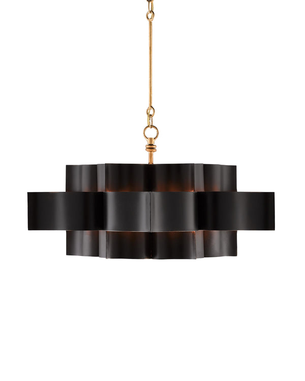 Grand Lotus Black Large Chandelier In Satin Black & Contemporary Gold Leaf