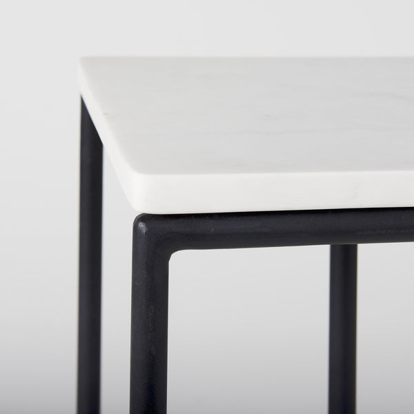 Kyra 12.0L x 20.0W x 23.0H White Marble Top W/Black Iron Frame C-Shaped End and Side Table