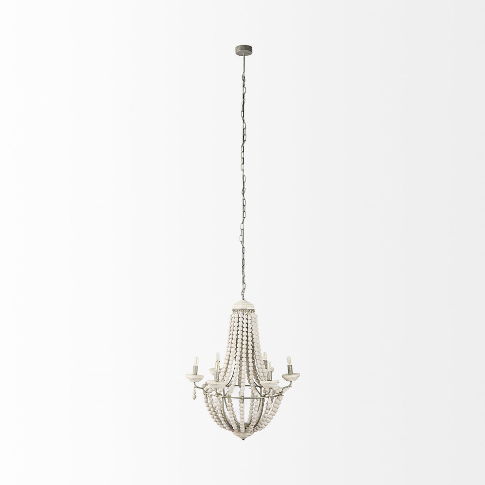 Phillum (29"x37") Silver Metal Chassis and White Wood Beaded Six Bulb Chandelier