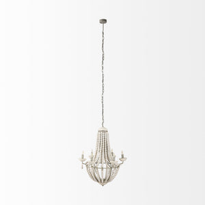 Phillum (29"x37") Silver Metal Chassis and White Wood Beaded Six Bulb Chandelier