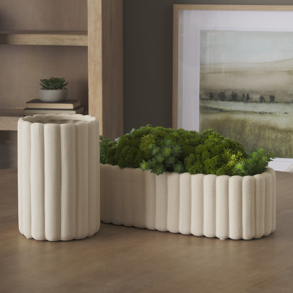 Mira Wide Textured Blush Beige Fluted Ceramic Vase