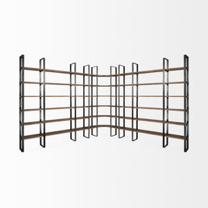 Turner II 37L x 10.5W x 90H Curved Dark Brown Wood And Black Iron Six Shelving Unit