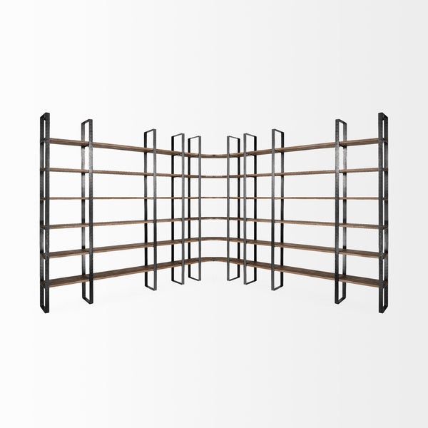 Turner II 37L x 10.5W x 90H Curved Dark Brown Wood And Black Iron Six Shelving Unit