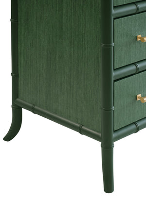 FOUR DRAWER CHEST WITH BAMBOO DETAIL IN GREEN DYED GRASSCLOTH AND DARK GREEN MATTE LACQUER