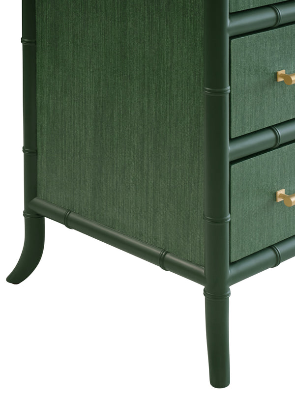 FOUR DRAWER CHEST WITH BAMBOO DETAIL IN GREEN DYED GRASSCLOTH AND DARK GREEN MATTE LACQUER
