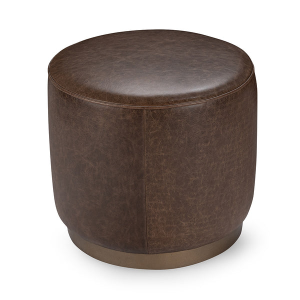 Claire Round Leather Ottoman, Iron Base - Dark Brown