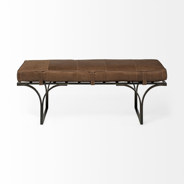 Jessie 55L x 16W Brown Leather Seat W/Black Metal Base Accent Bench