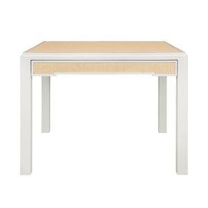 SQUARE TWO DRAWER GAME TABLE IN MATTE WHITE LACQUER FRAME AND INSET NATURAL GRASSCLOTH