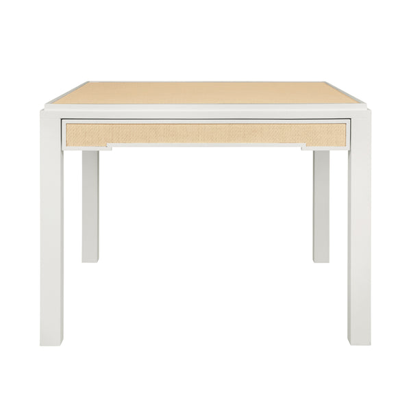 SQUARE TWO DRAWER GAME TABLE IN MATTE WHITE LACQUER FRAME AND INSET NATURAL GRASSCLOTH