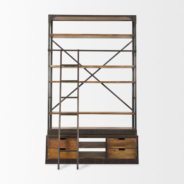 Brodie II Medium Brown Wood Black Ladder Four Shelf Shelving Unit 57L x 20.5W x94H