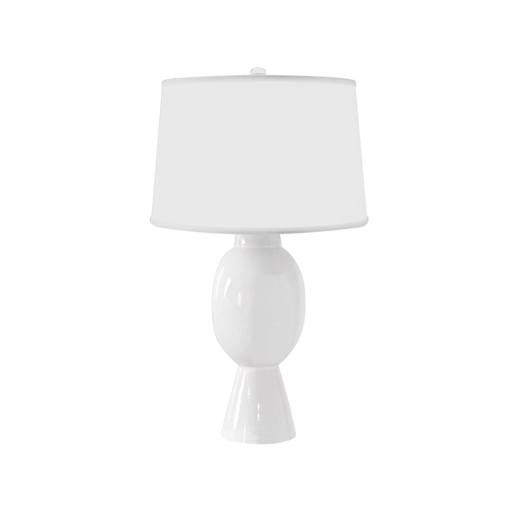 TALL BULB SHAPE CERAMIC TABLE LAMP WITH WHITE LINEN SHADE IN WHITE