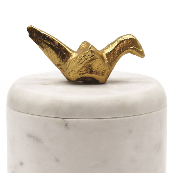 WHITE MARBLE CONTAINER WITH BRASS ORIGAMI BIRD