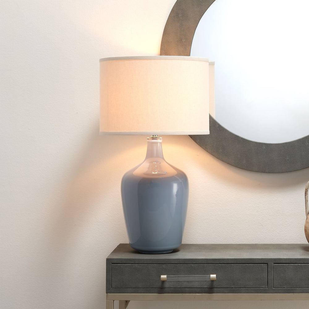 Plum Blown Glass Jar Table Lamp with Linen Shade, Grey
