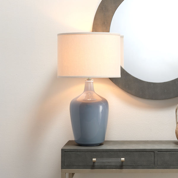 Plum Blown Glass Jar Table Lamp with Linen Shade, Grey